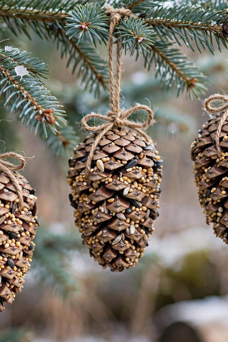 Yule crafts pinecone bird feeder