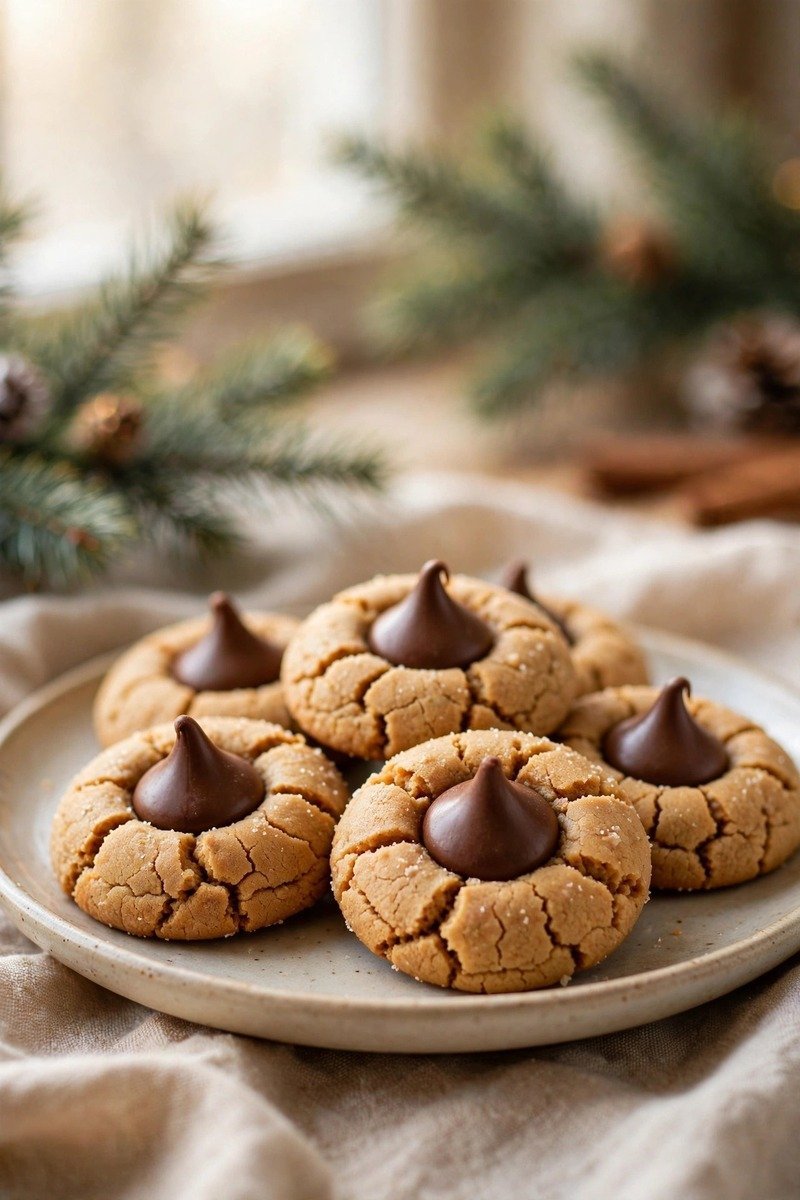Peanut butter blossom Christmas cookies topped with chocolate kisses