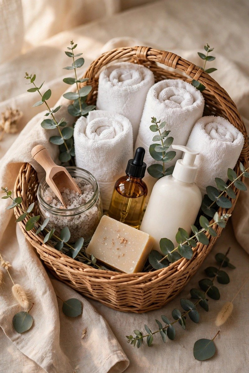 Spa gift basket with towels and bottles