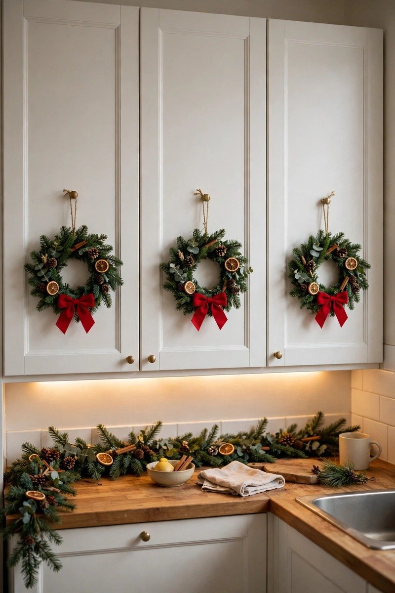 Mini wreaths on kitchen cabinet doors