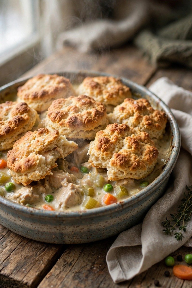Chicken pot pie with biscuit topping
