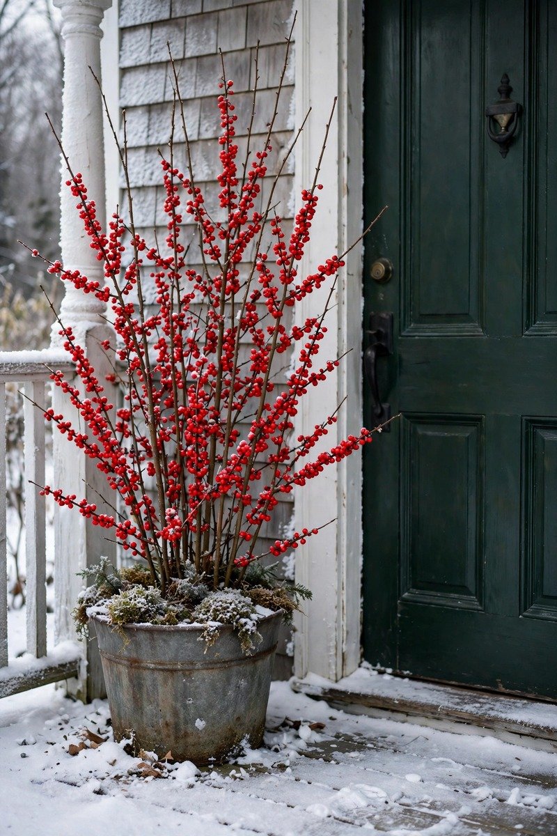 Winterberry branches in a porch planter