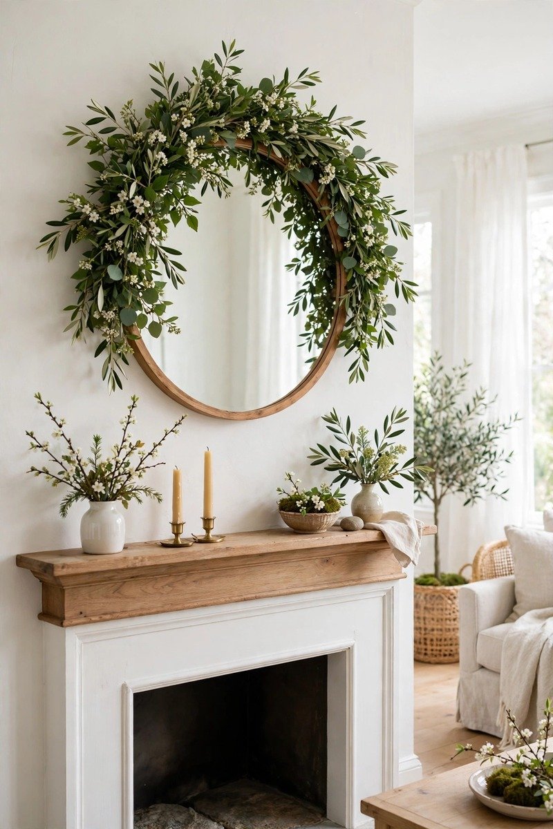 Spring wreath hanging over a mantel mirror
