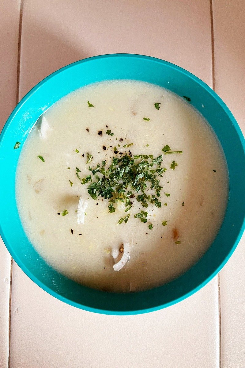 Lemon chicken orzo soup bowl