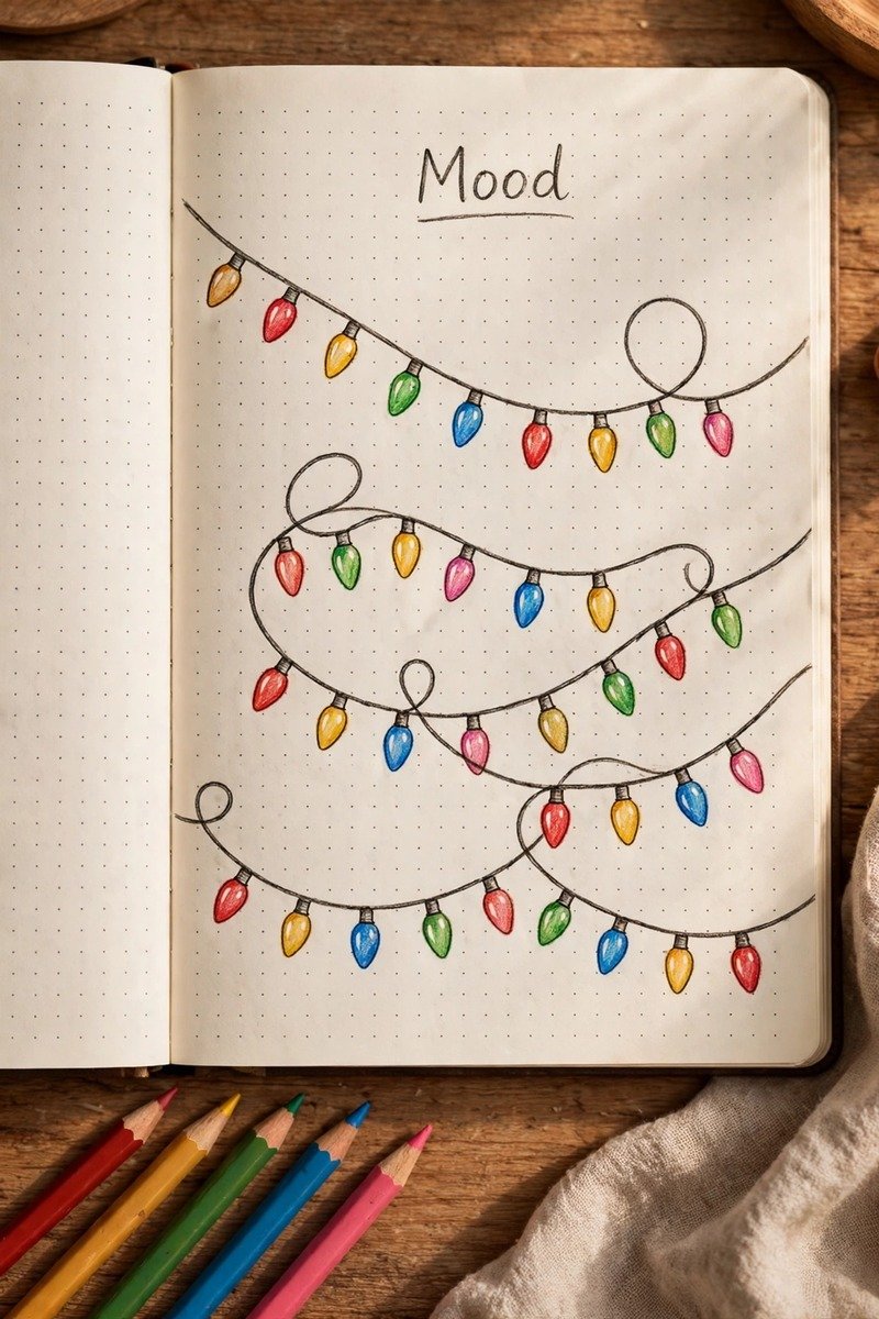 Mood tracker page drawn as Christmas lights
