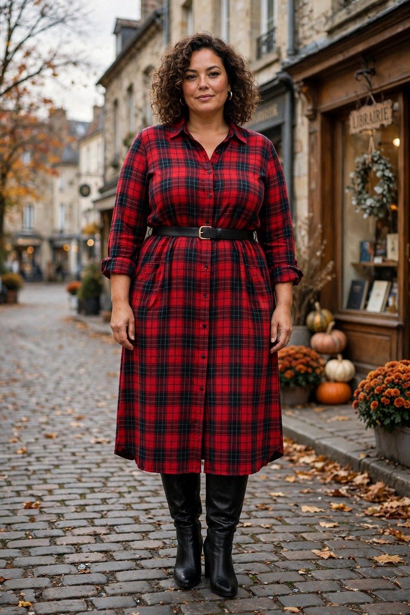 Plaid shirt dress with a belt and boots