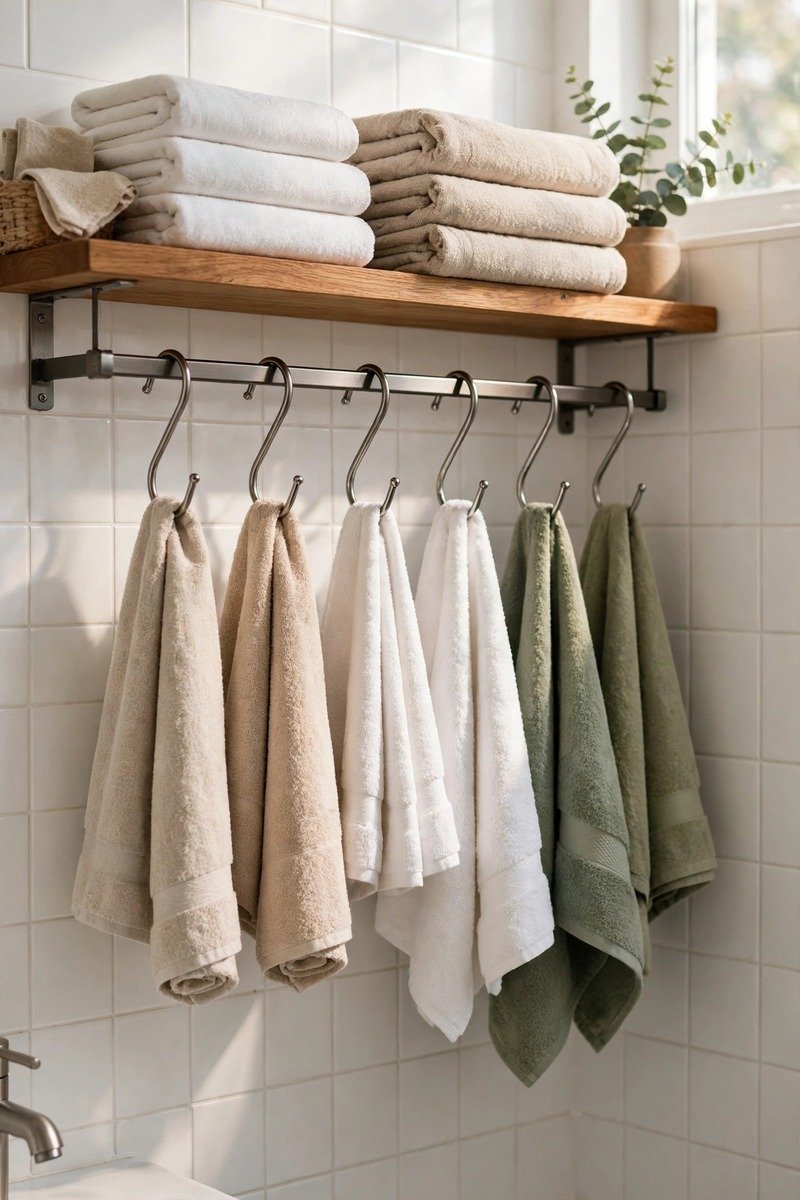Hanging rail with hooks under a bathroom shelf