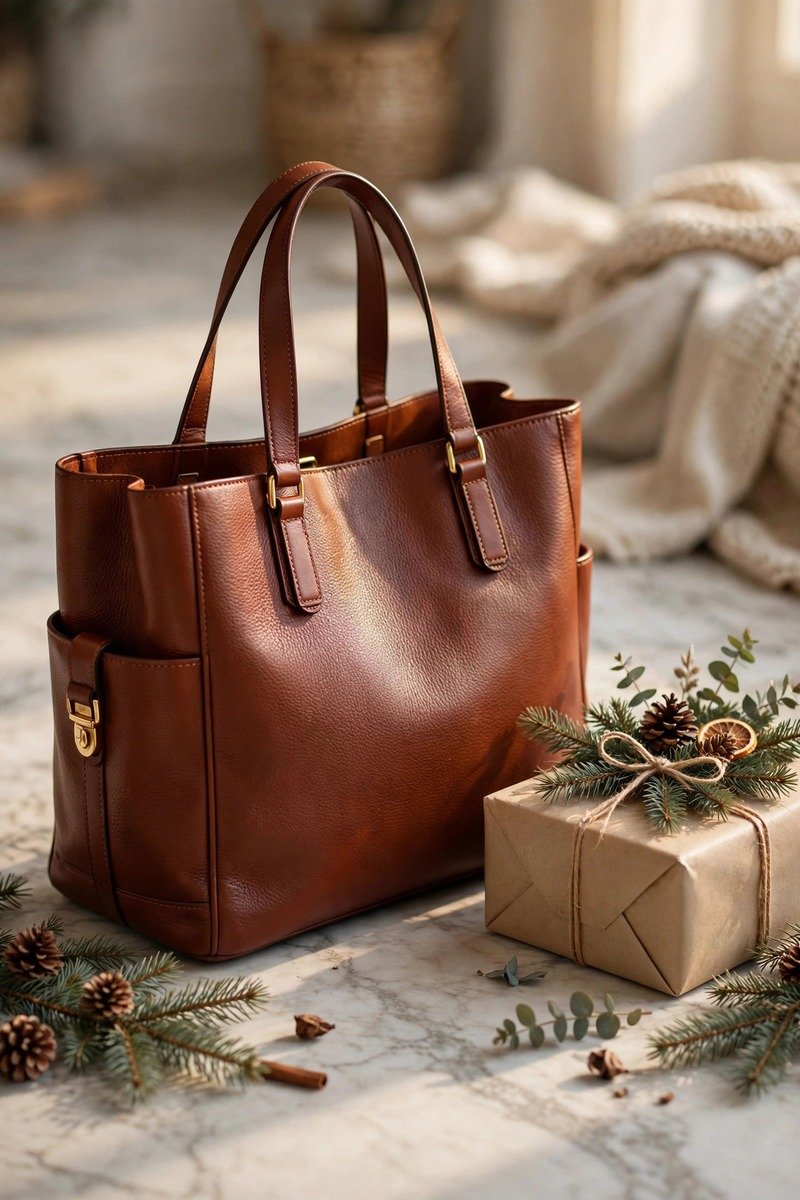 Leather tote bag in cognac
