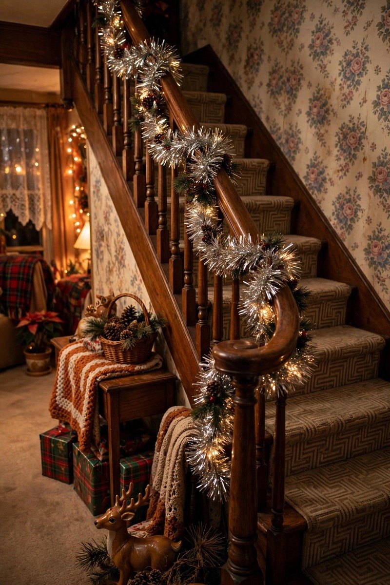 Tinsel garland draped on staircase banister
