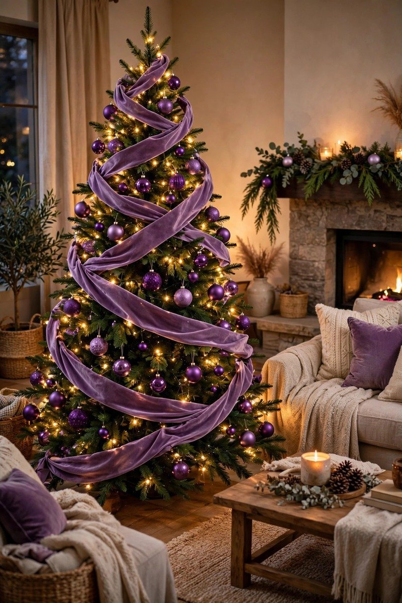 Christmas tree wrapped with wide purple velvet ribbon cascading down