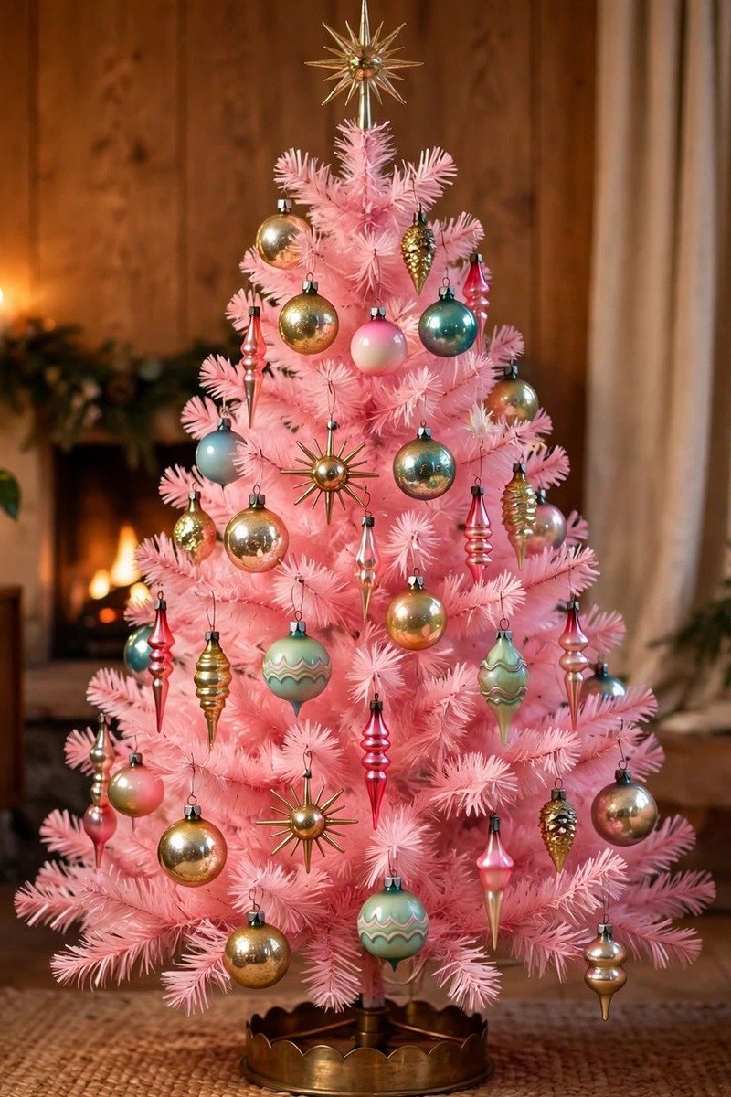 Vintage pink tinsel Christmas tree with retro ornaments