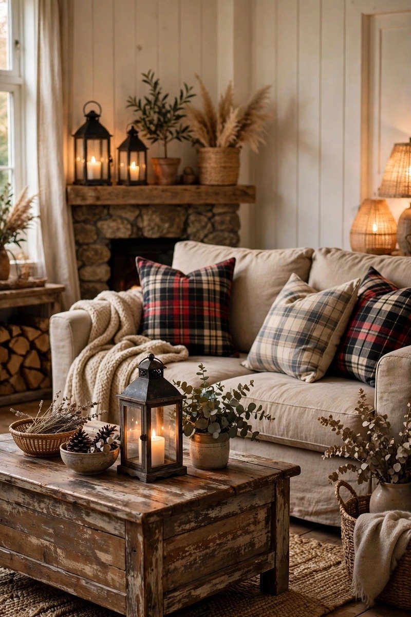 Farmhouse style living room with shiplap wall, cozy sofa, and rustic wood coffee table