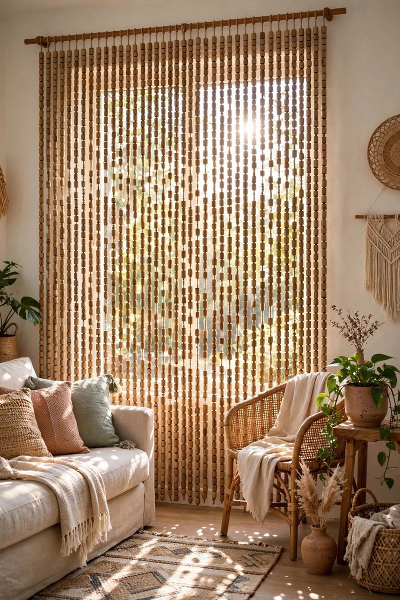Bamboo beaded curtain hung as a window treatment filtering sunlight