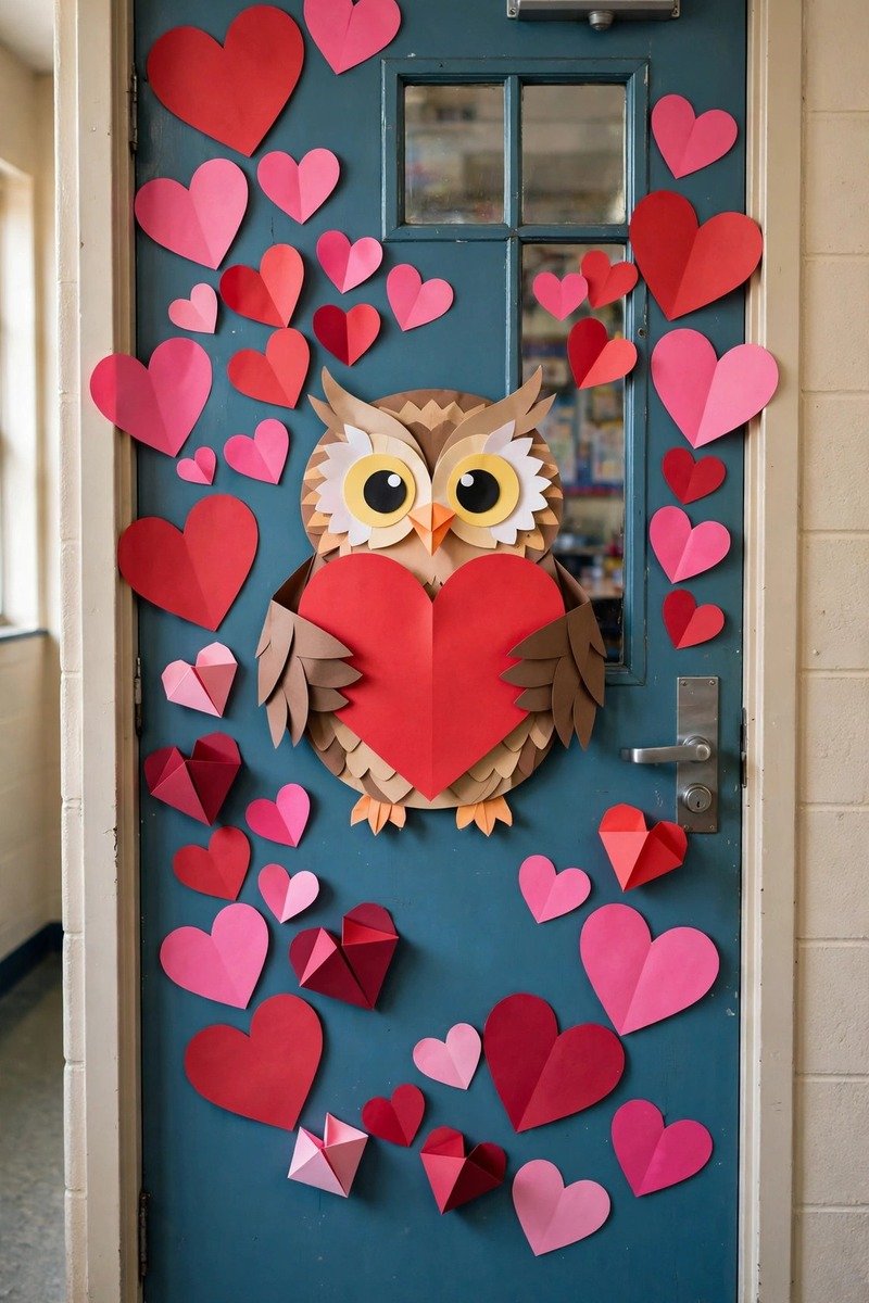 Classroom door with a cute owl holding a red heart