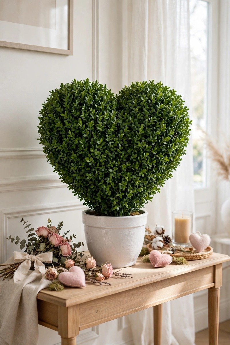 Heart-shaped boxwood topiary in a ceramic pot