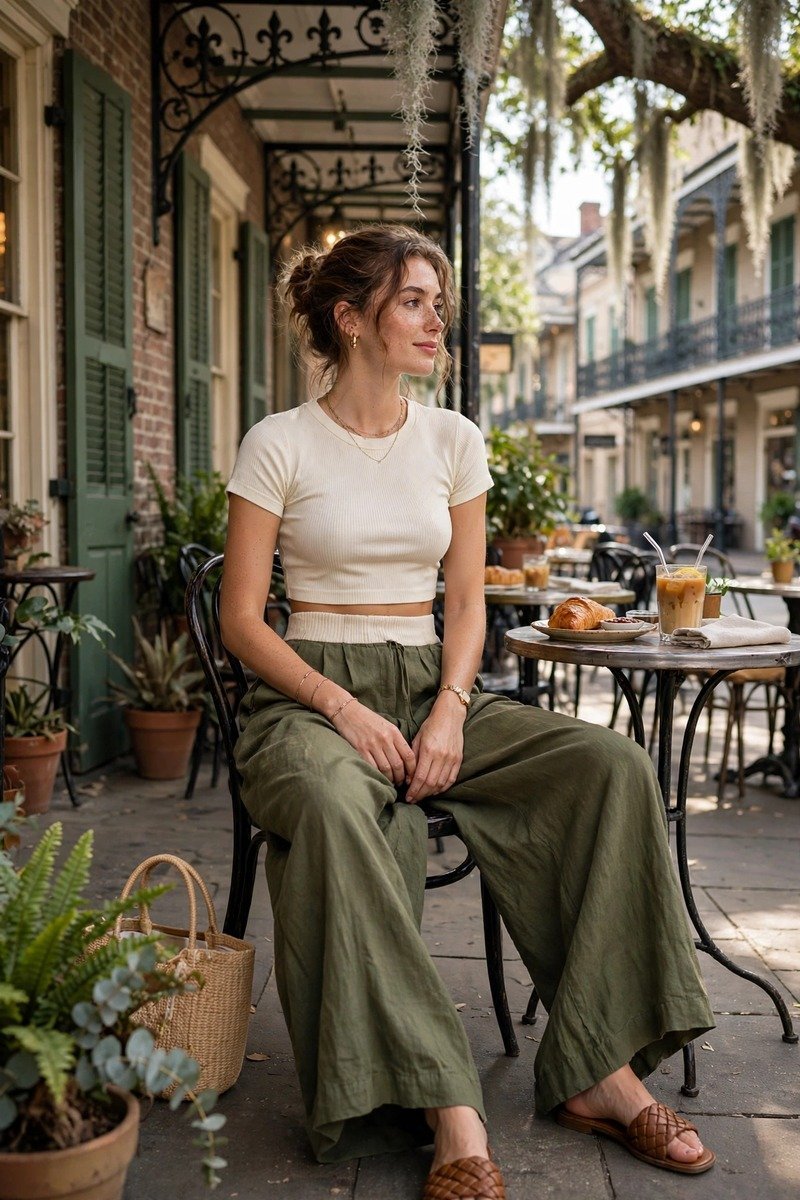 Woman in wide-leg trousers and crop top at brunch