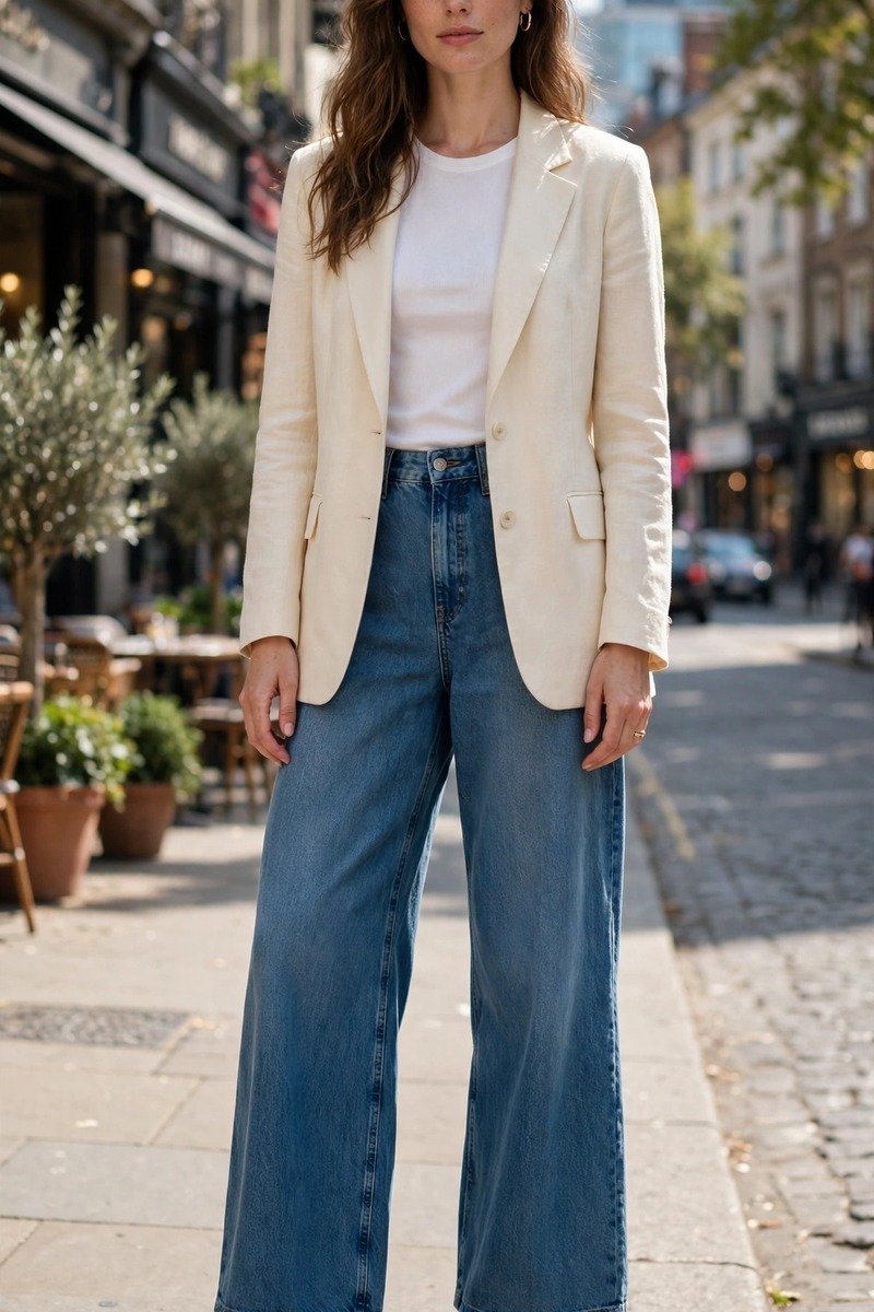 Cream blazer with wide-leg jeans and heeled sandals