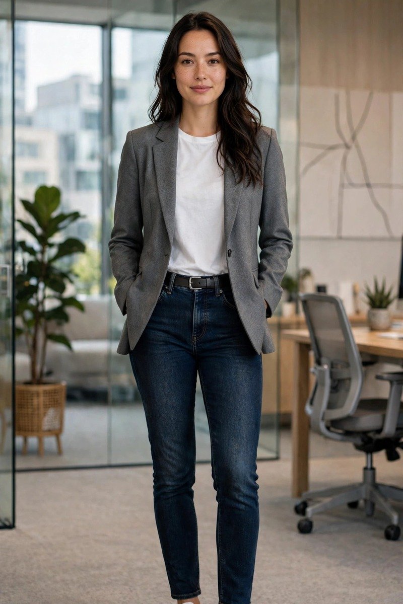 Woman in grey blazer, white tee, and dark jeans