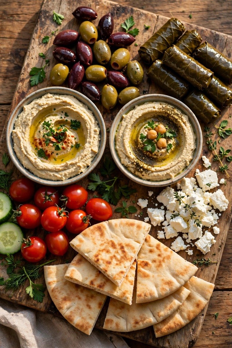 Mediterranean mezze board with hummus and olives