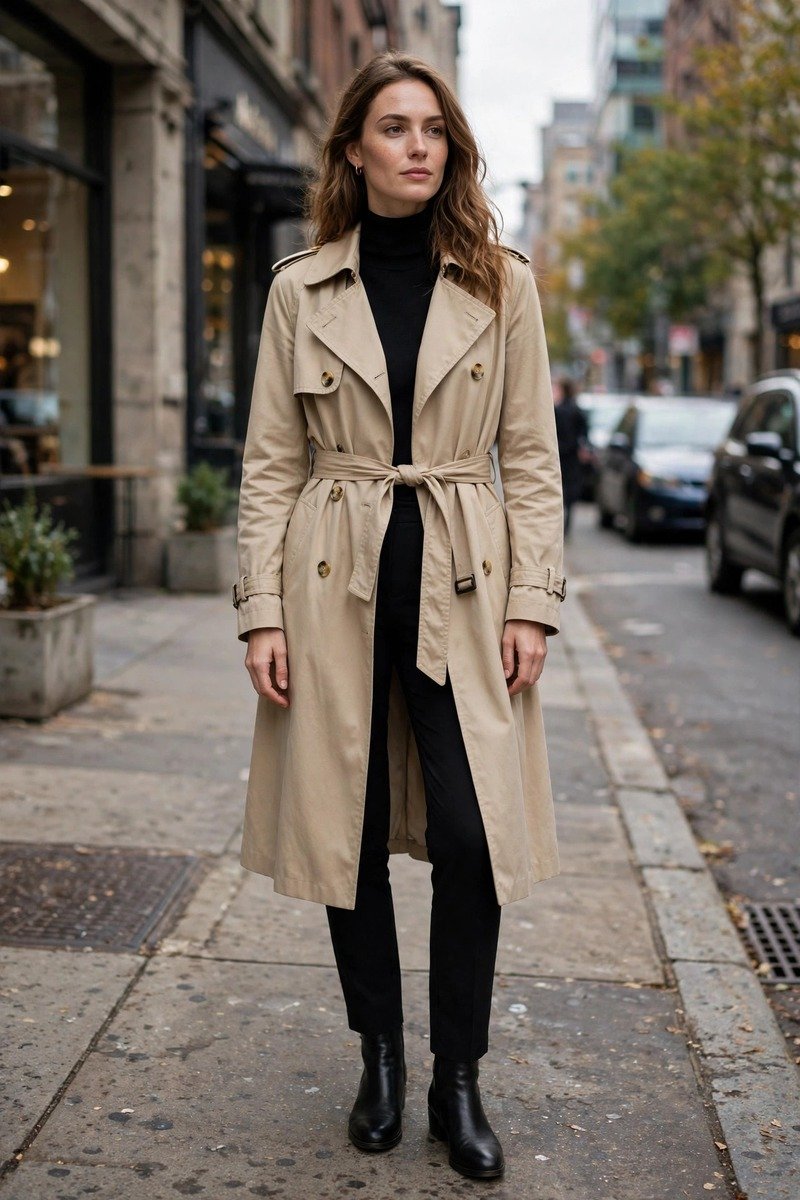 Woman in beige trench coat over all-black outfit