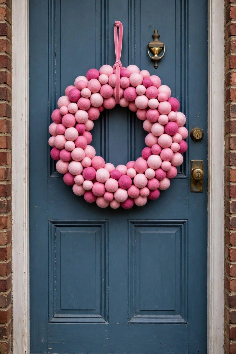 Pink felt ball Valentine's wreath