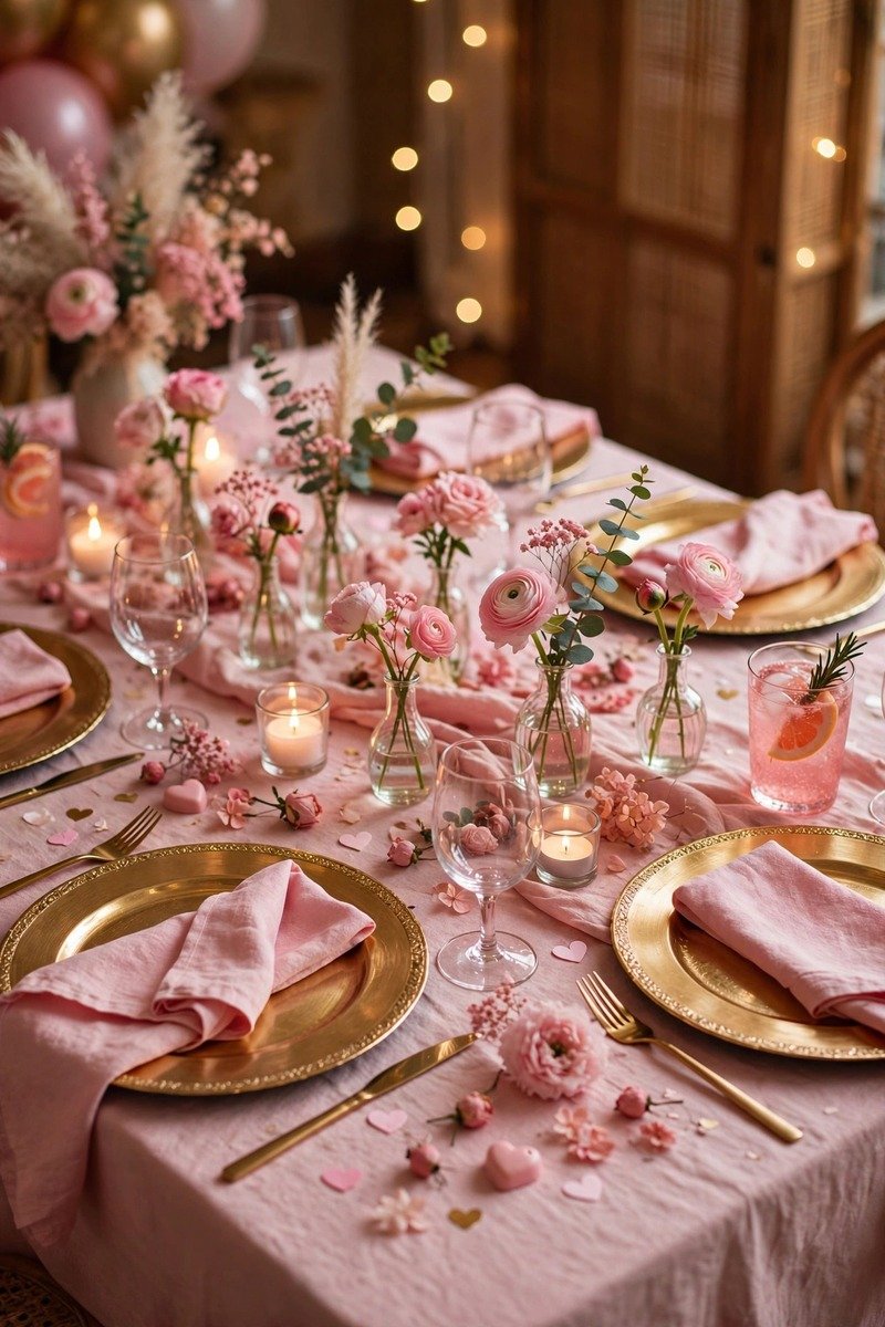 Pink tablescape with gold chargers and bud vases