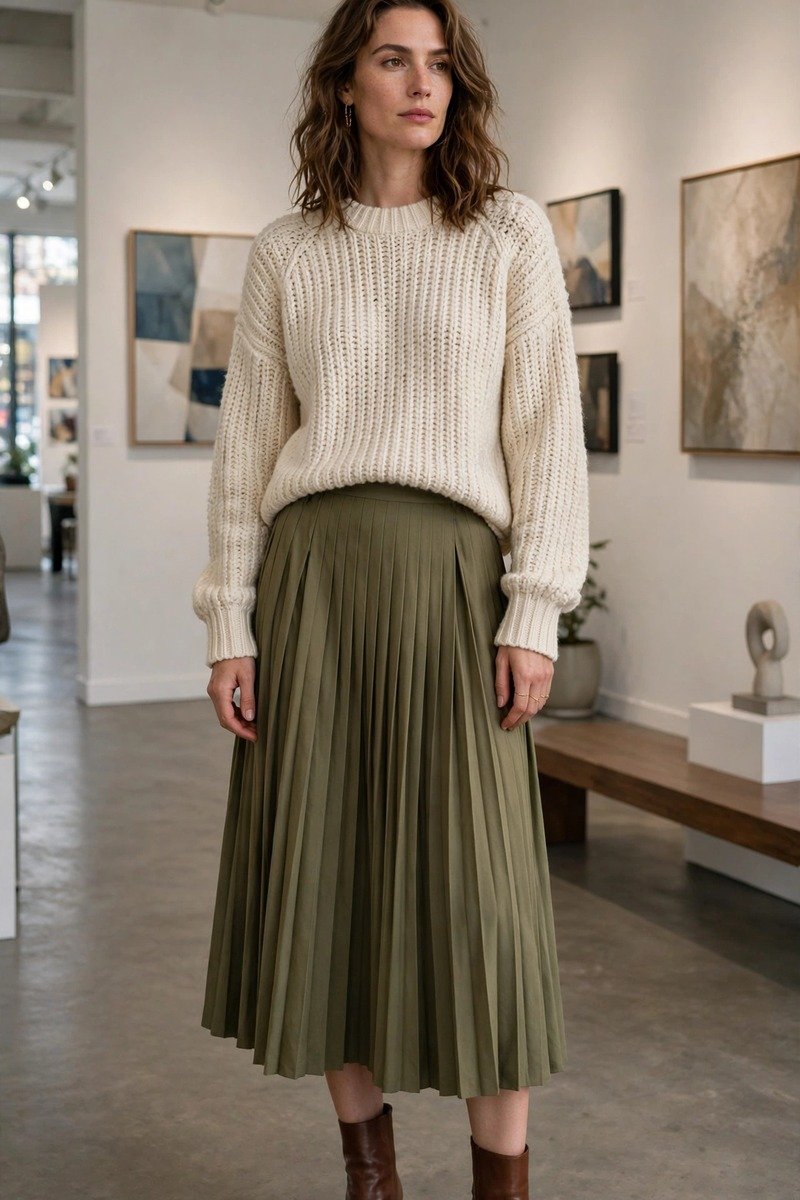 Woman in pleated midi skirt and sweater in a gallery