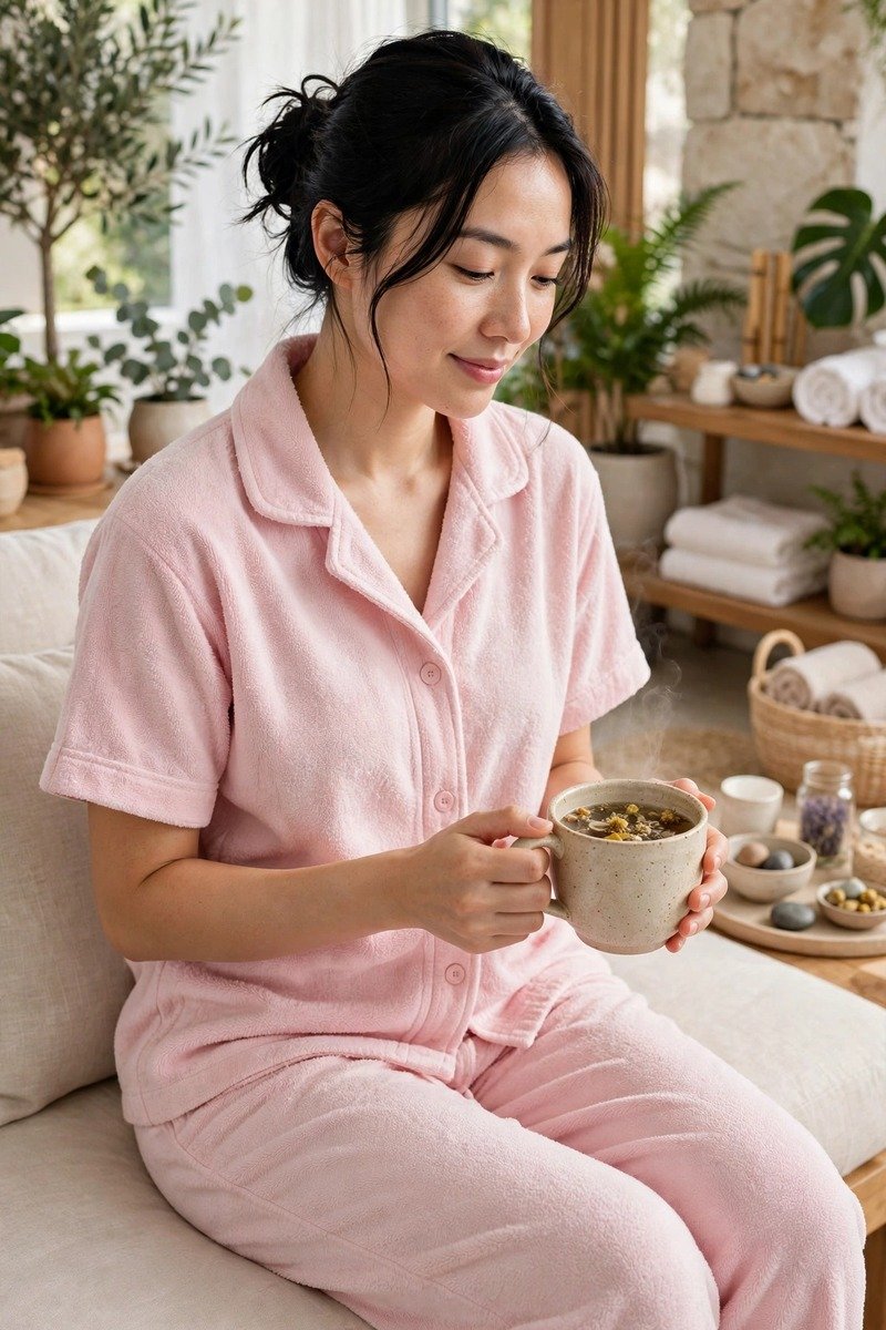 Woman in pastel terry cloth set at a spa