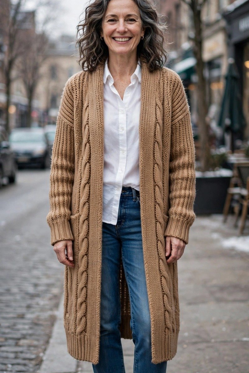 Woman over 40 wearing a long cardigan over a white shirt with jeans