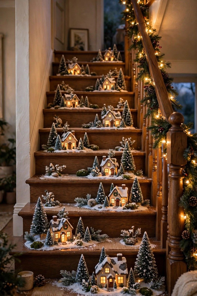 Christmas village scenes arranged on staircase steps