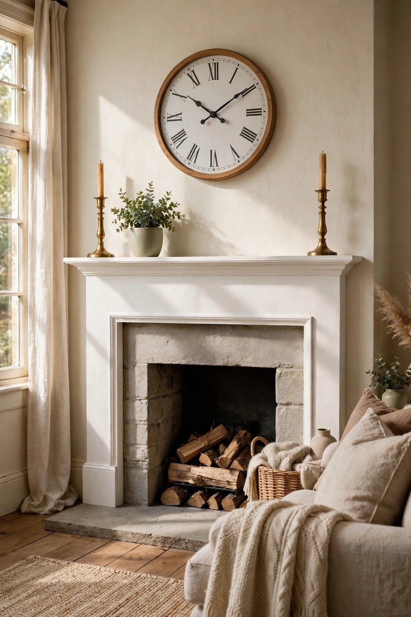 Large mantel clock above a fireplace