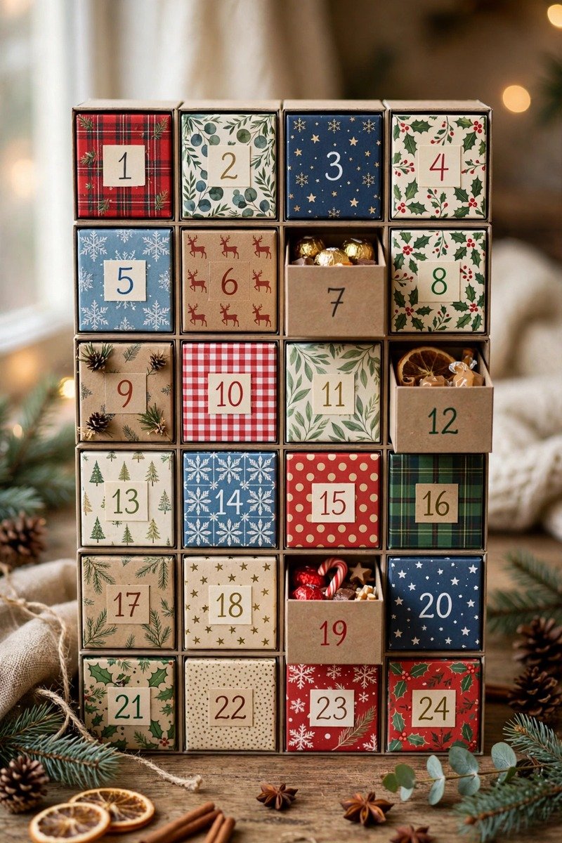 Advent calendar made from matchboxes with tiny drawers