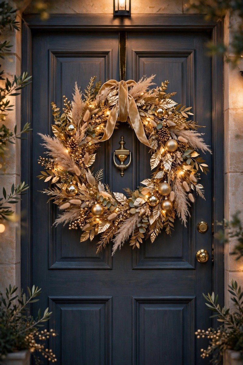 Gold glam Christmas wreath in champagne tones on an elegant front door
