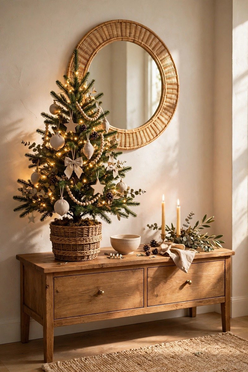 Small Christmas tree on an entryway console table with a mirror