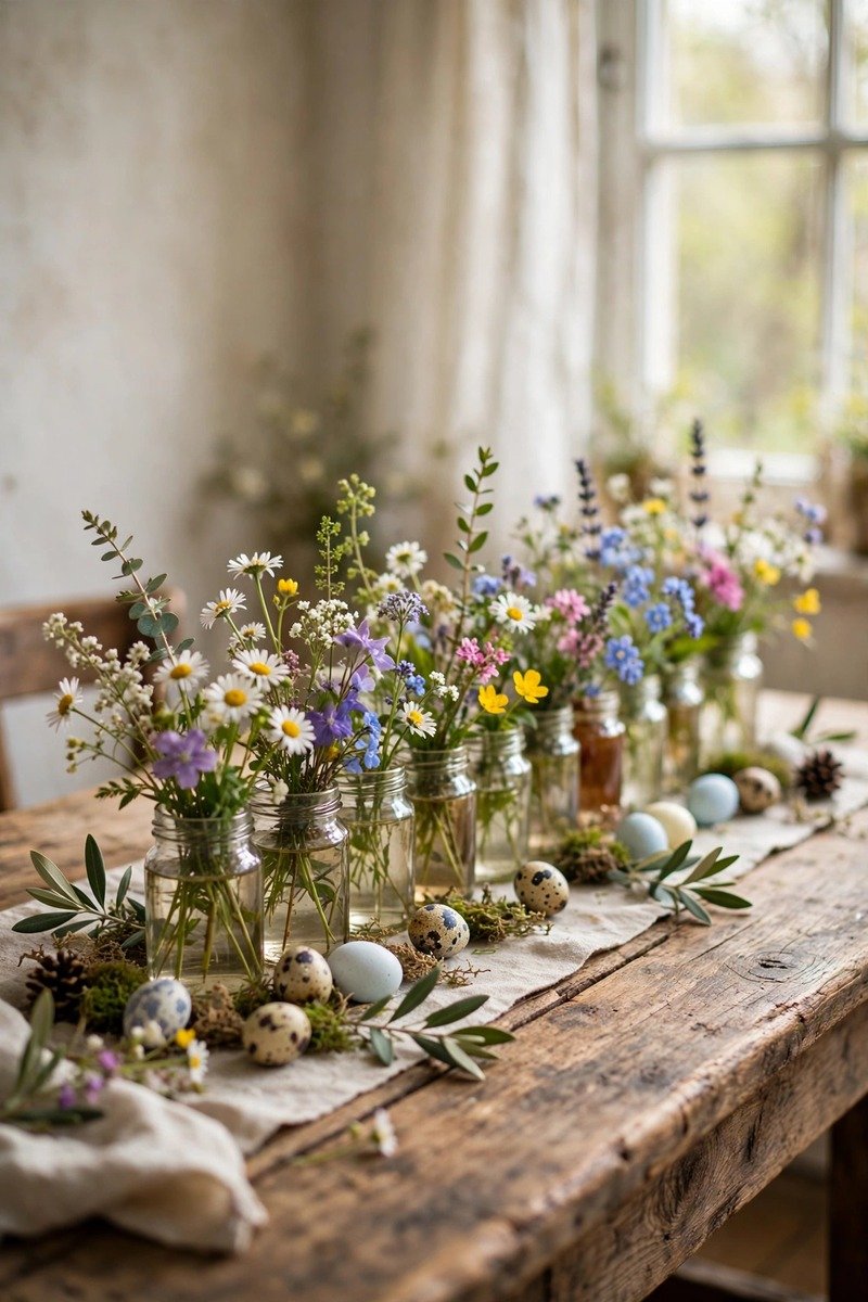 Wildflowers in jam jars along a dining table