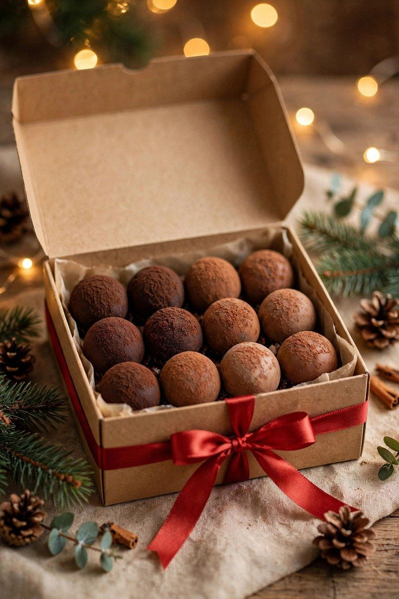 Box of chocolate truffles with red ribbon