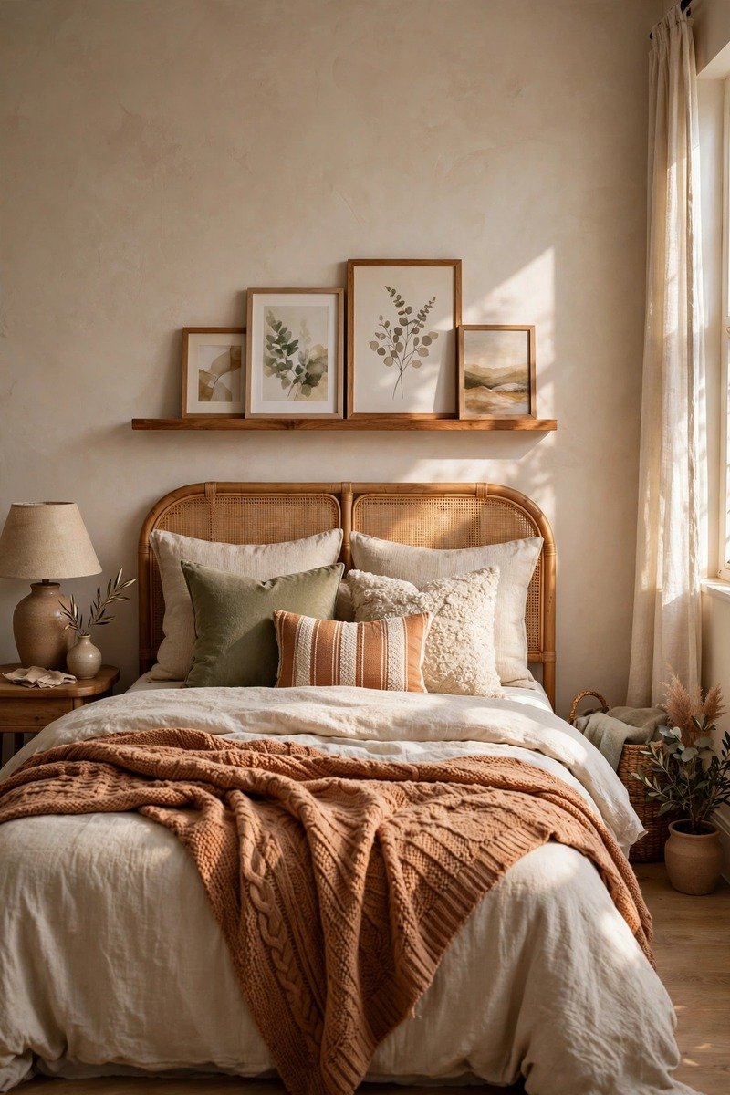 Small bedroom with a styled bed wall