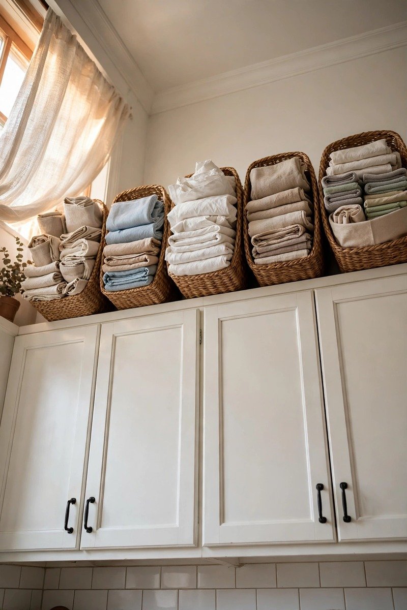 Baskets stored above kitchen cabinets