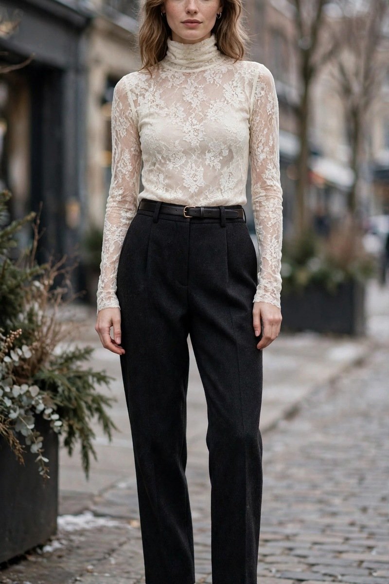 ivory lace turtleneck top outfit