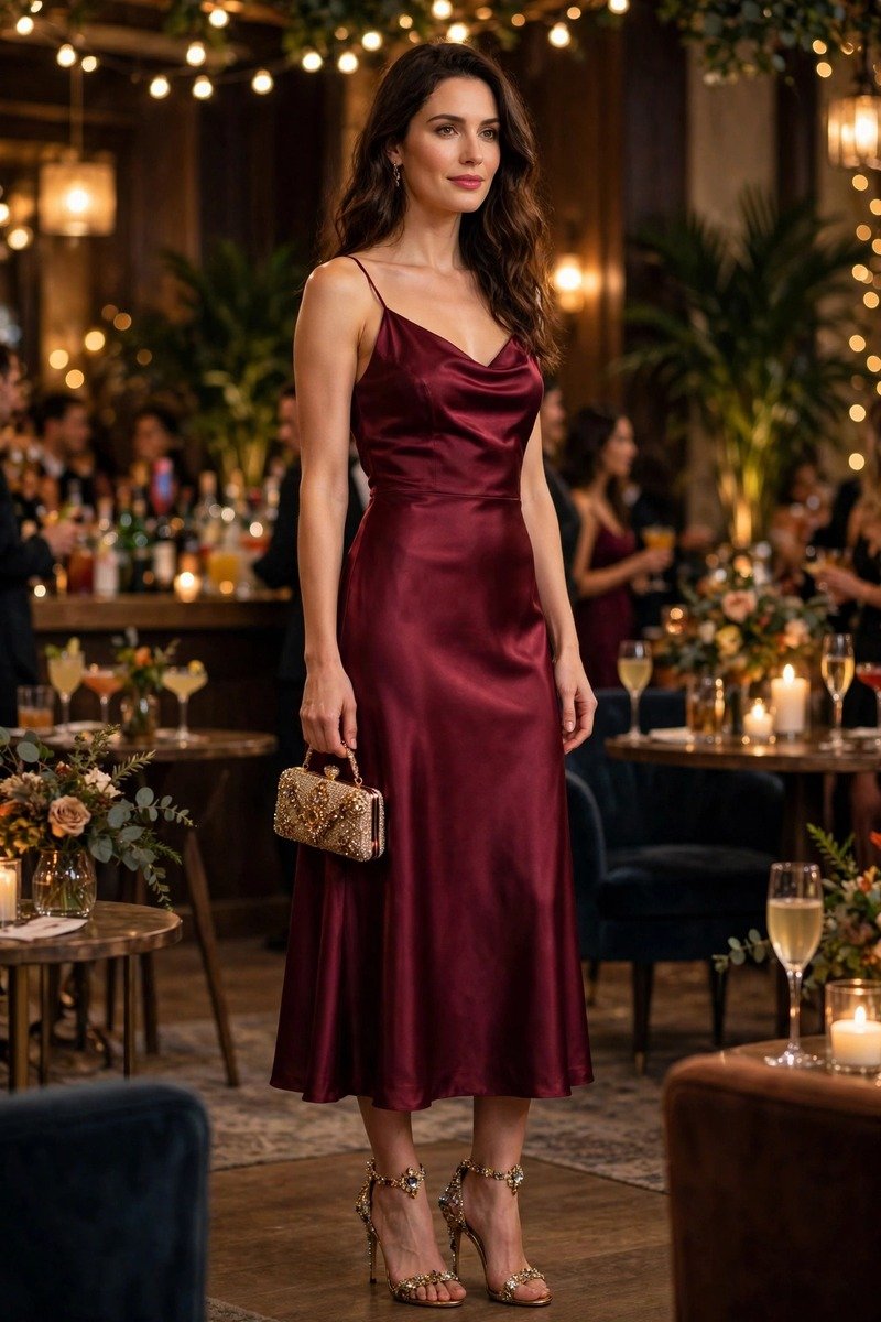 Christmas party outfit satin midi dress jeweled shoes