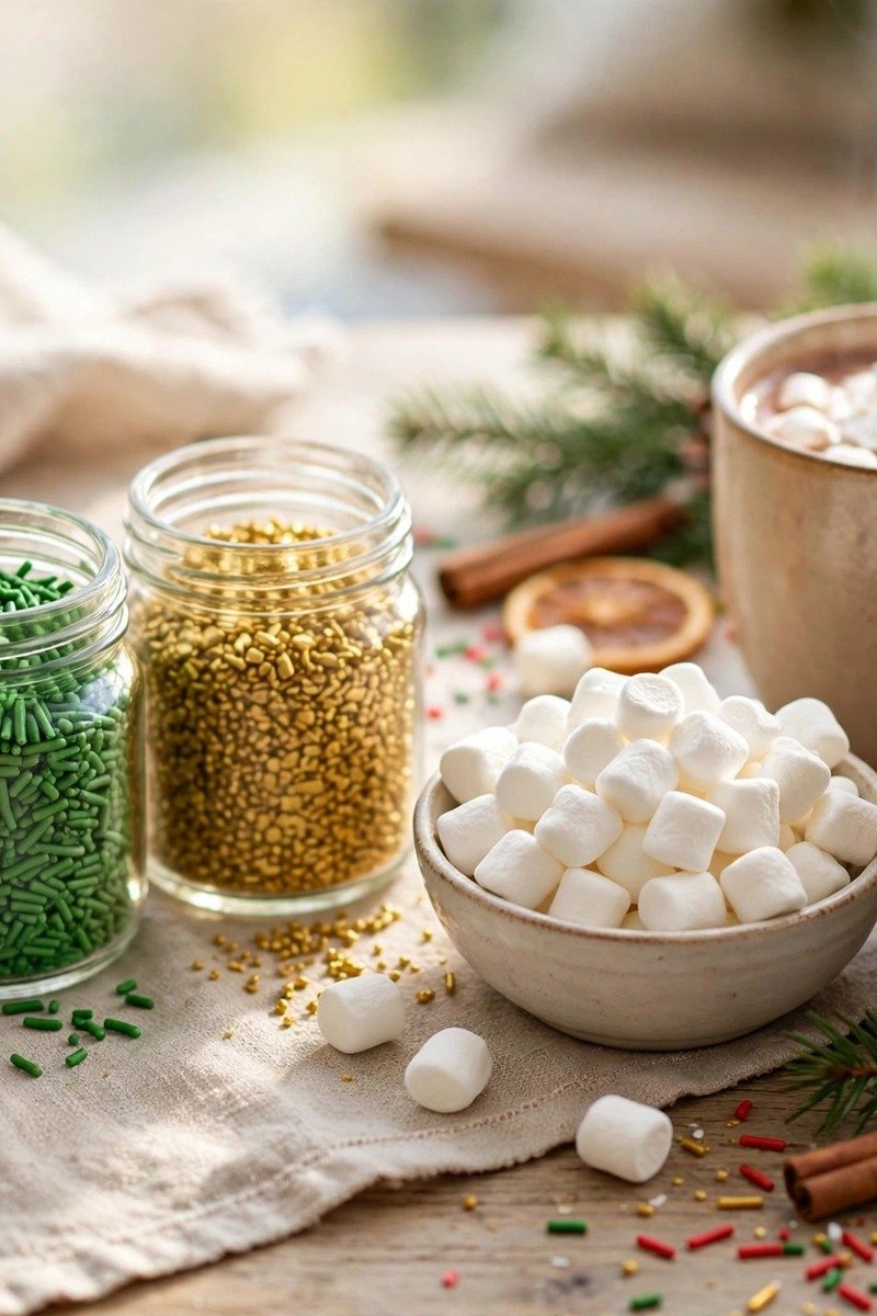 Hot chocolate bar ideas red green gold sprinkles