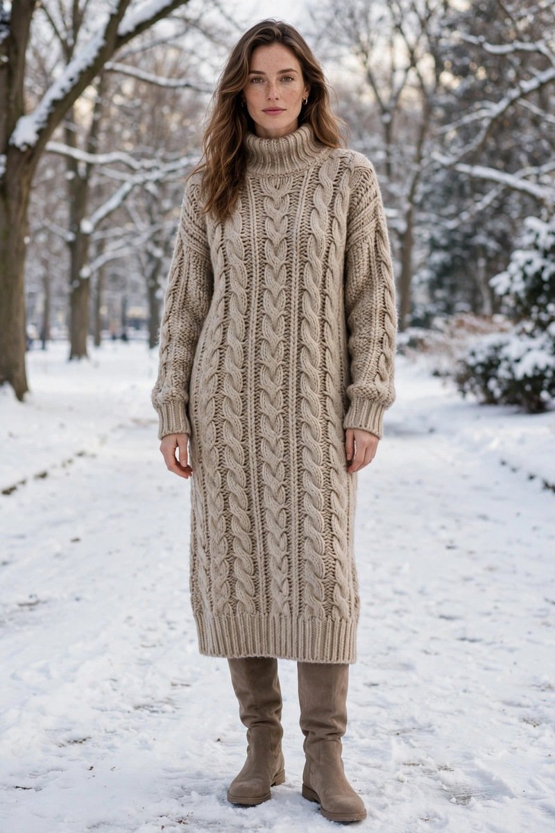 camel sweater dress with tall black suede boots and opaque tights