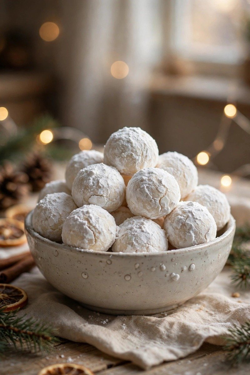 Snowball Russian tea cake Christmas cookies dusted with powdered sugar