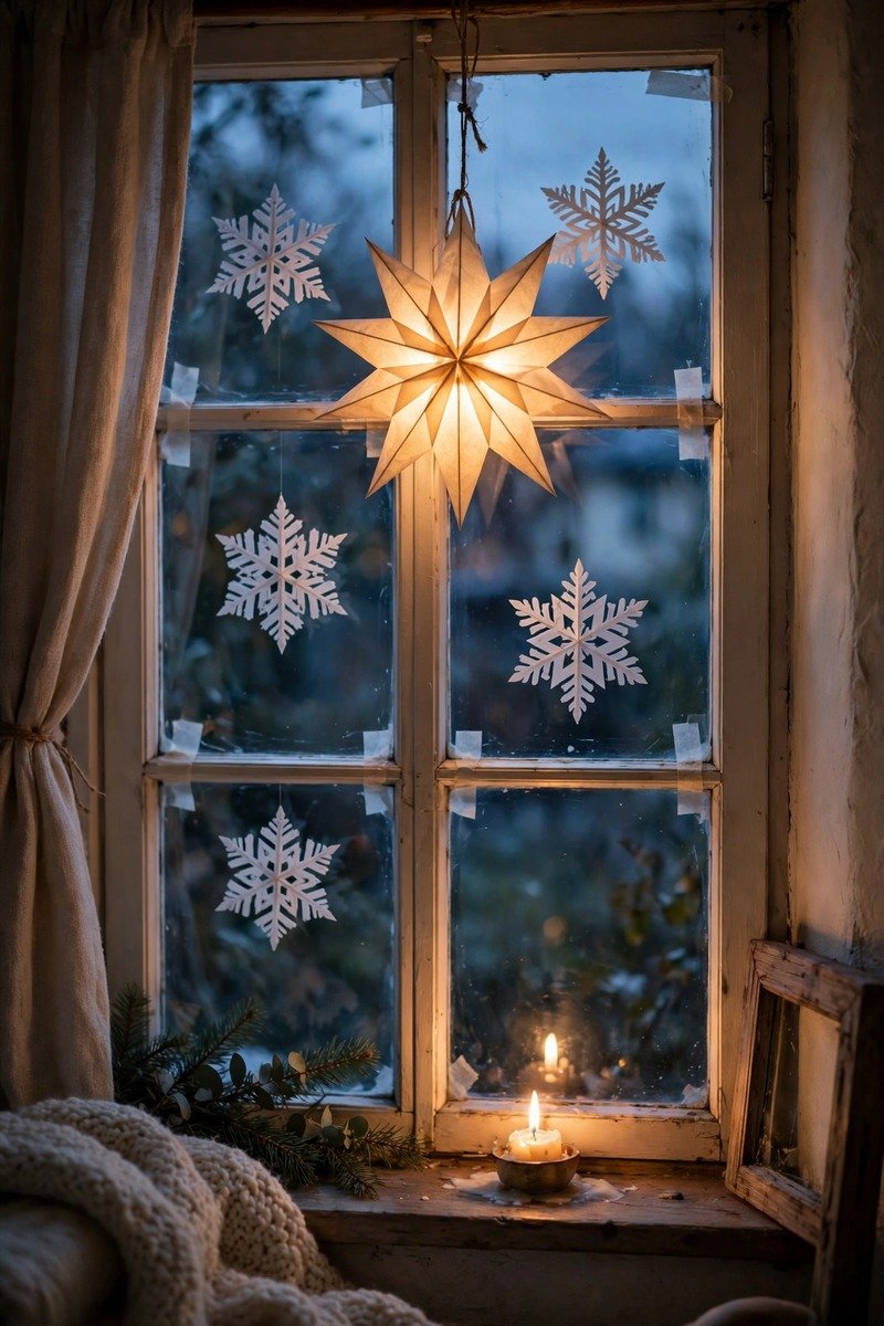 Paper snowflakes and star lantern in a window
