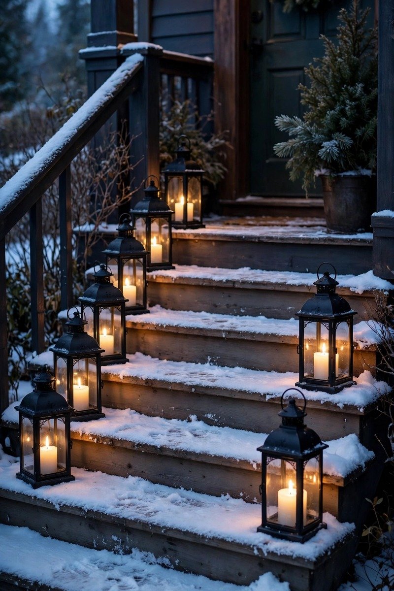 Lanterns with candles lining porch steps