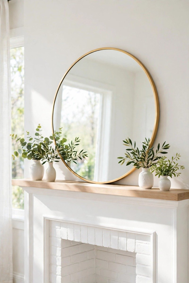 Large mirror leaning on a spring mantel