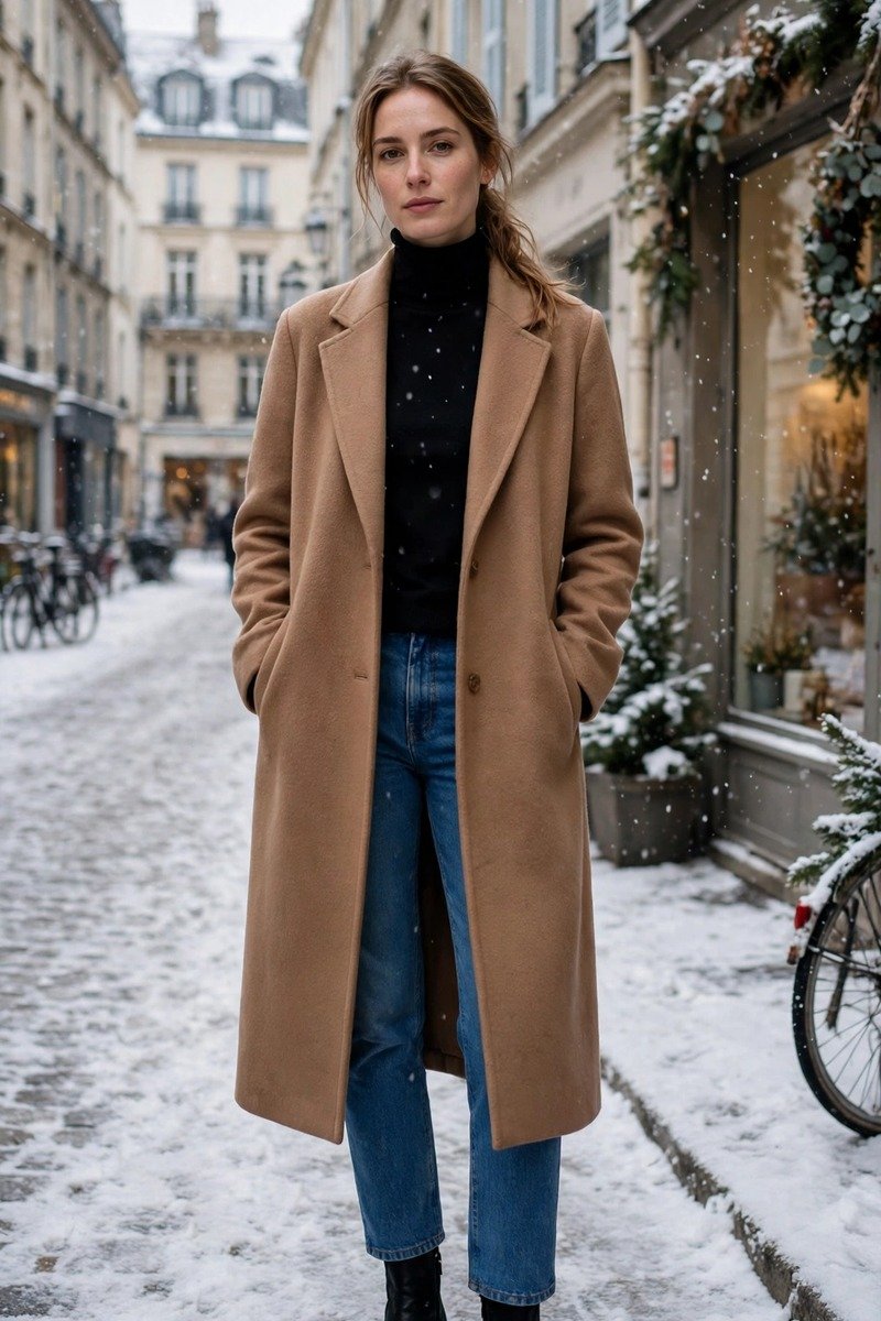 Straight leg jeans with a turtleneck and long coat