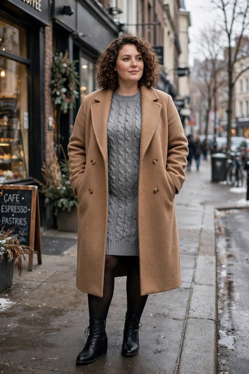 Grey sweater dress with a long camel coat