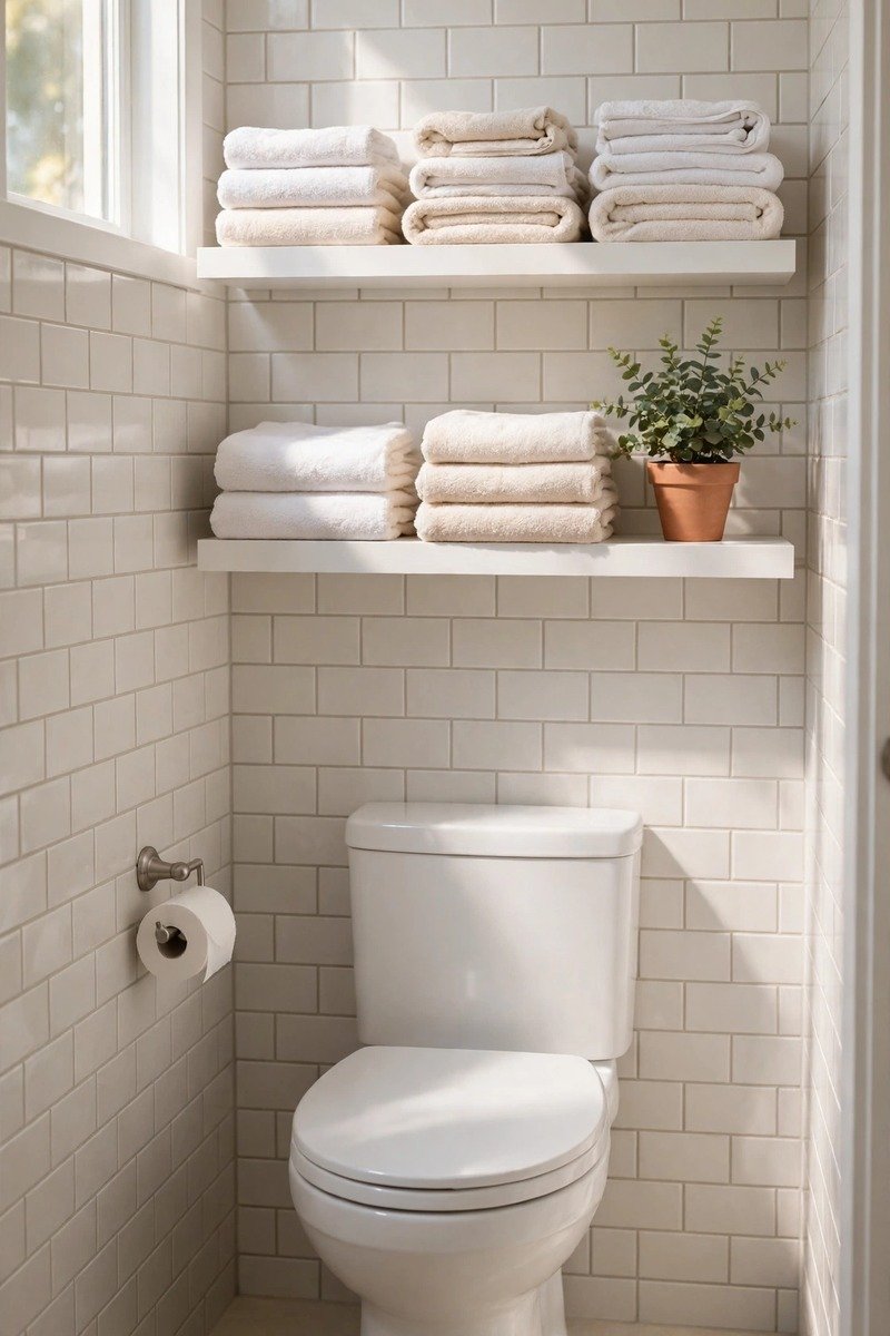 Floating shelves with folded towels above a toilet