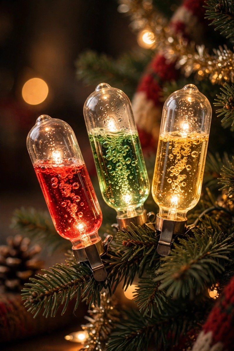 Bubble lights on a Christmas tree, close-up glowing